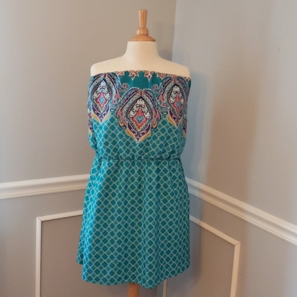 XHILARATION Teal Paisley Lattice Printed Strapless Boho Cottage Summer Dress XL